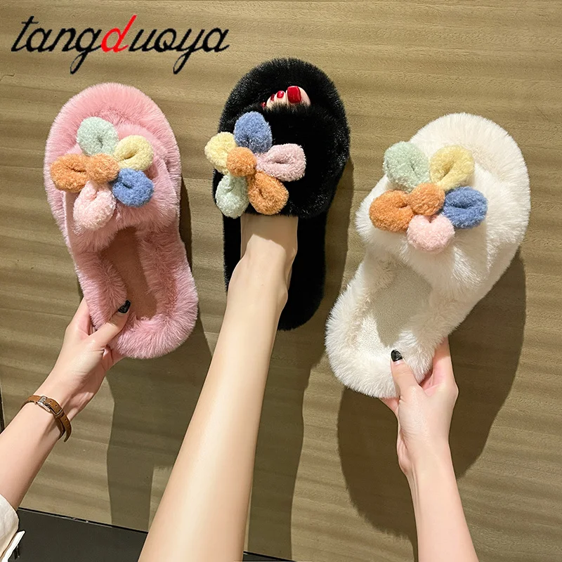 

Winter Women House flower Furry Slippers Fashion Faux Fur Warm Shoes Women Slip on Flats Female Home Slides Plush Indoor Outdoor