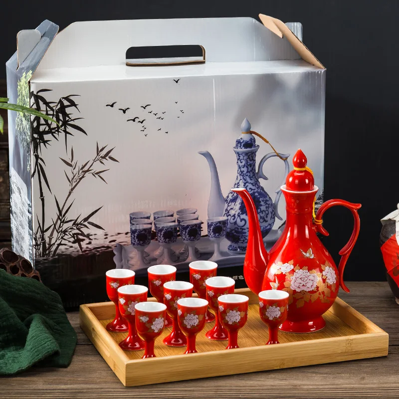 

Retro Chinese Style Wedding Celebration Wine Set Creative Ceramic Gift Cross-cupped Wine Bar Hotel Coffee Liquor Flagon LA373