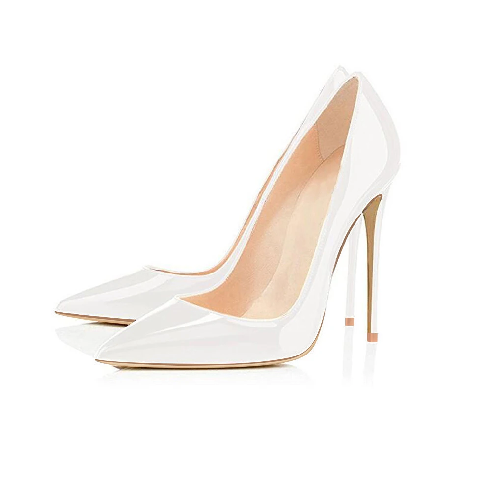 White 12cm heel GENSHUO/Женская обувь на тонком высоком каблуке-шпильке с острым носком из лакированной кожи большие размеры 12 брендовые свадебные туфли-лодочки Белый шпилька Неглубокие насосы для вечеринки каблуки лодочки туфли - Цвет: White 12cm heel
