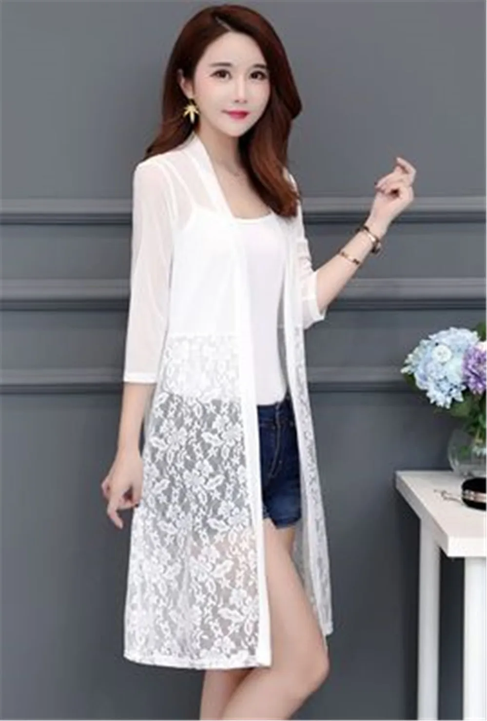 Женский кружевной кардиган с длинным рукавом розовый черный красный белый