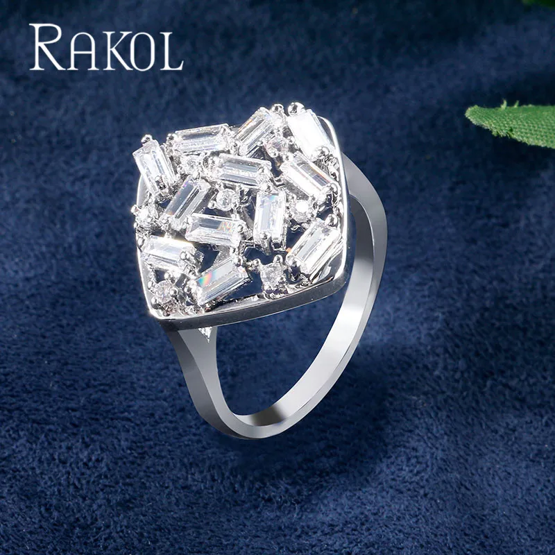 RAKOL Punk Shiny Baguette CZ Zirconia Stone Cluster Luxury White Gold Color Rings For Women Ladies Crystal Brand Finger Jewelry | Украшения