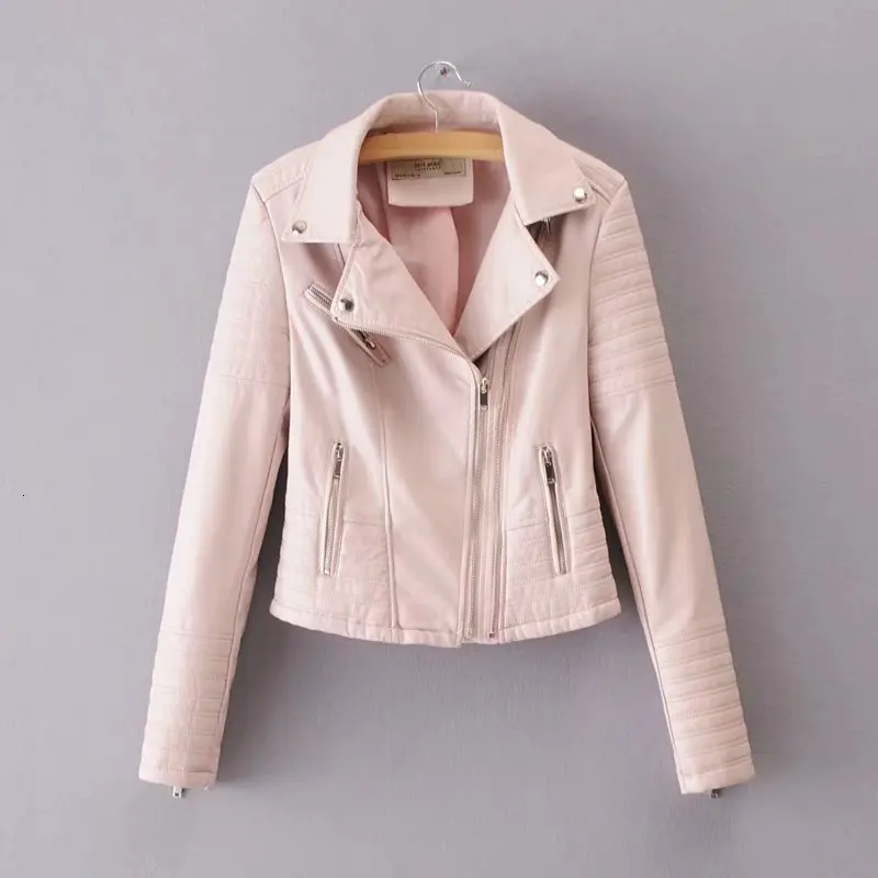 

2019 New Fashion Women Smooth Motorcycle Faux Leather Jackets Ladies Long Sleeve Autumn Winter Biker Streetwear Black Pink Coat