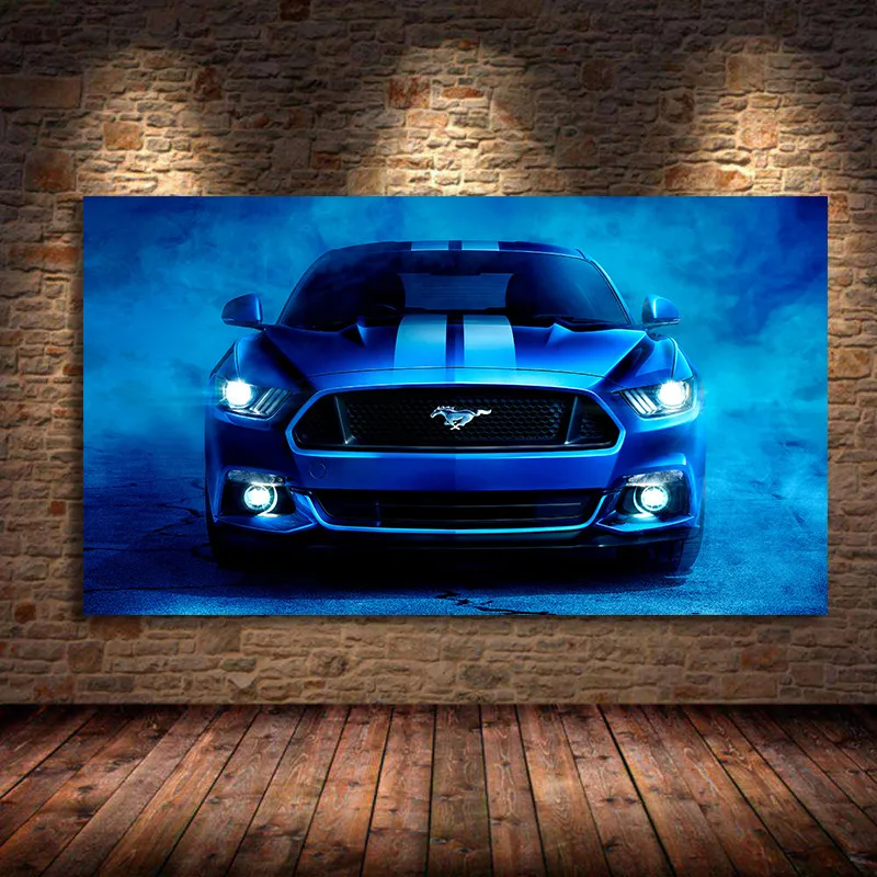 

Painting Wall Art Fords Mustang Supercar Blue Car Canvas Art Modern Posters and Prints For Boy Bedroom Home Decoration