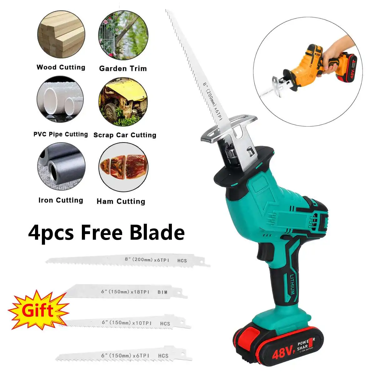 

48V 3000rpm/min Cordless Reciprocating Saw Portable Replacement Electric Saw Metal Wood Cutting Machine Tool Charger Saw EU plug