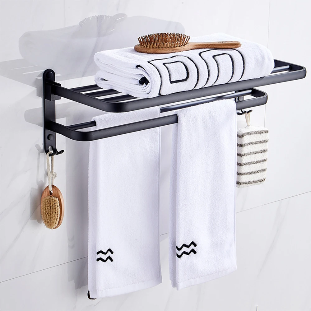 

Black Towel Rack Wall Mounted Punch Free Washrag Shower Bar Wall Holder Aluminum Storage Shelf Organizer Bathroom Accessories
