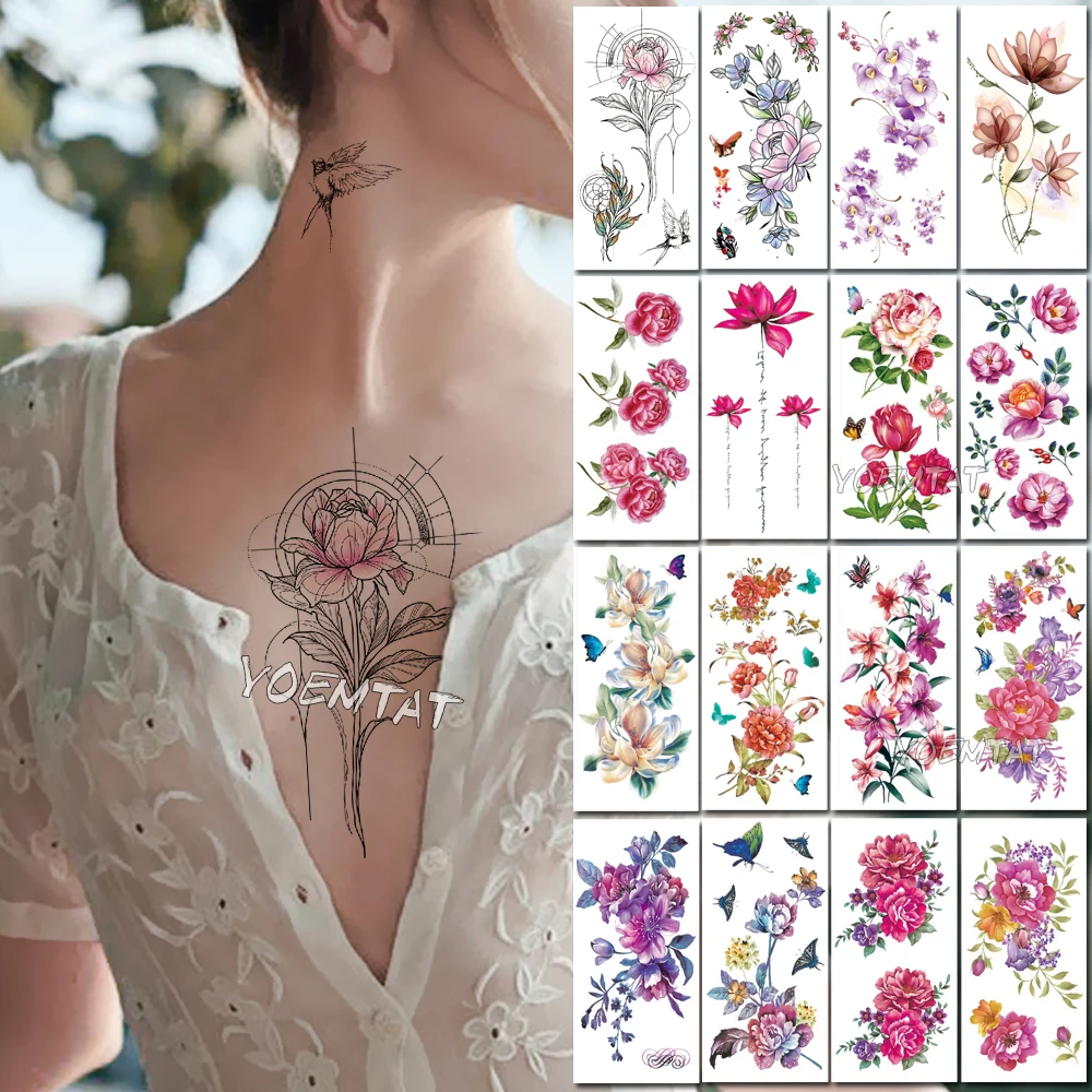 

Black Pink L Rose Flower Temporary Tattoo Summer Feather Birds Tattoo Stickers Women Waterproof Tatto Girls Body Arm Art