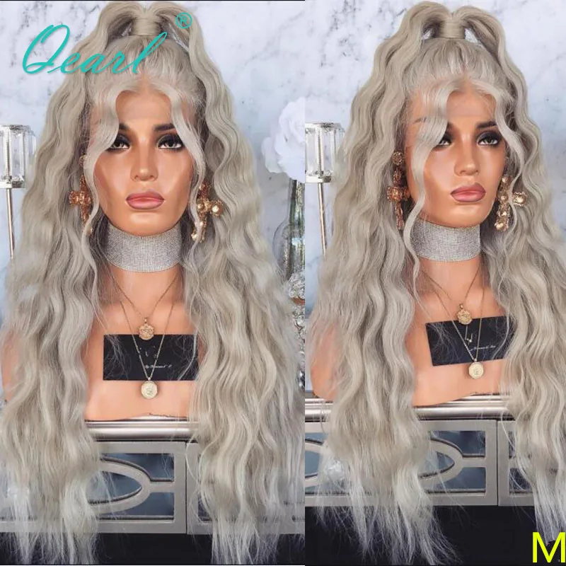 

Deep Wave Frontal Wigs Human Hair Lace Front Wig Grey Ashy Blonde 13x6 Malaysian Remy Hair Free Part 150% Bleached Knots Qearl