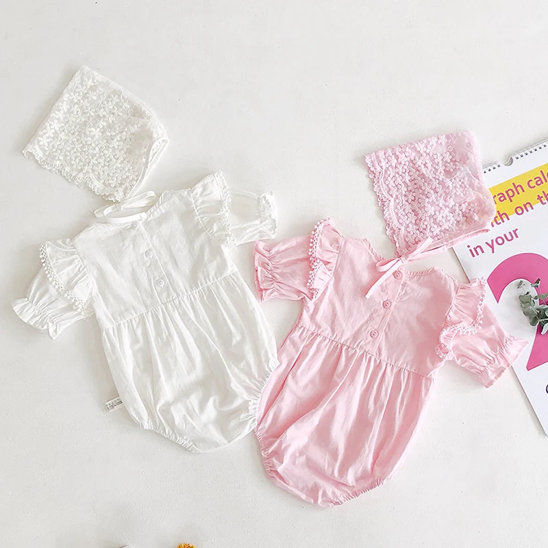 

Baby Girl Clothes Summer Newborn Baby Romper Clothes Cotton Lace Girl Jumpsuit With Hat Short Sleeve Infant Baby Sunsuit Outfit