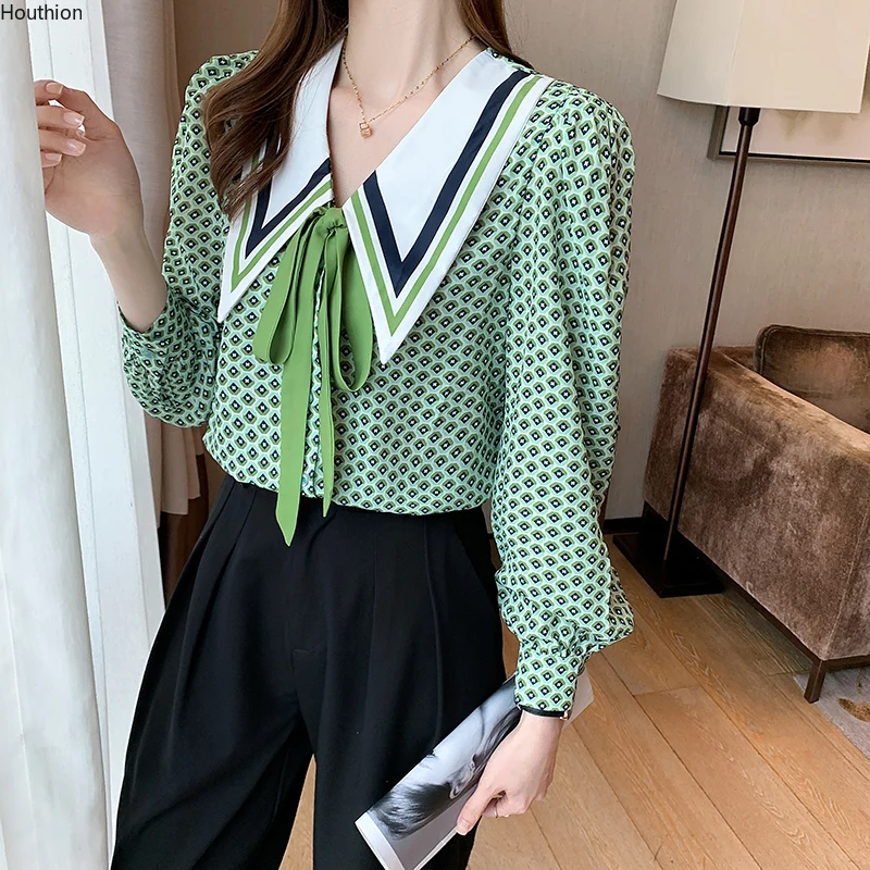 

Summer Autumn Women's Blouses New Top Long Sleeve Doll Collar Shirt Splicing Fashion Casual Loose Printing Satin Chiffon