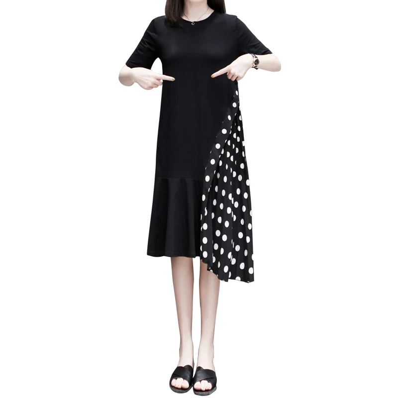 

2021 Summer Women Midi Dress Polka Dot Print Patchwork Pleated Cotton Short Sleeve Fishtail Loose Plus Size Ruched Dress Girls