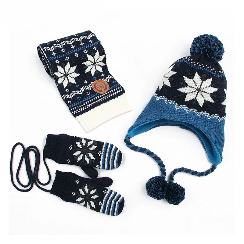 2019 new children's hat gloves scarf set winter warm boy girl snowflake baby pom ponytail Kids of 3 | Детская одежда и обувь