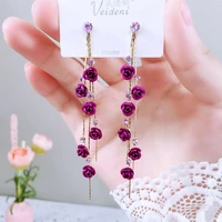 2021 fashion rose flower drop earrings for women shiny rhinestone long tassel asymmetry earring girls wedding party jewelry