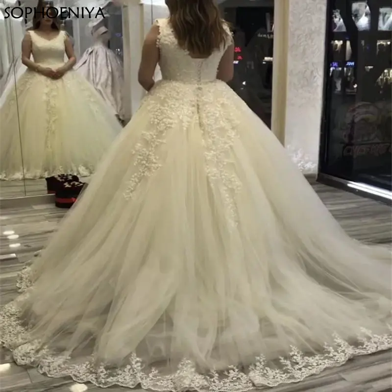 

Robe de Soire de Mariage Luxury Applique Beaded V-Neck Wedding Dress Ball Gown Tulle Bridal Gown Customise 2021 Vestidos