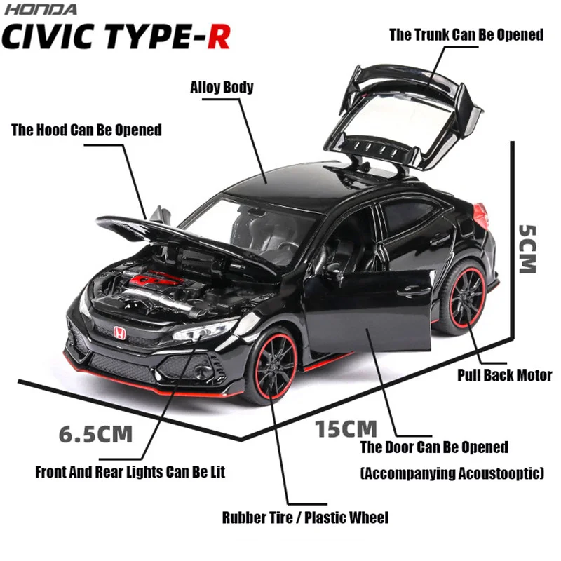 1:32 HONDA CIVIC TYPE R Diecasts & Toy модель автомобиля со звуковым светом коллекционная машинка