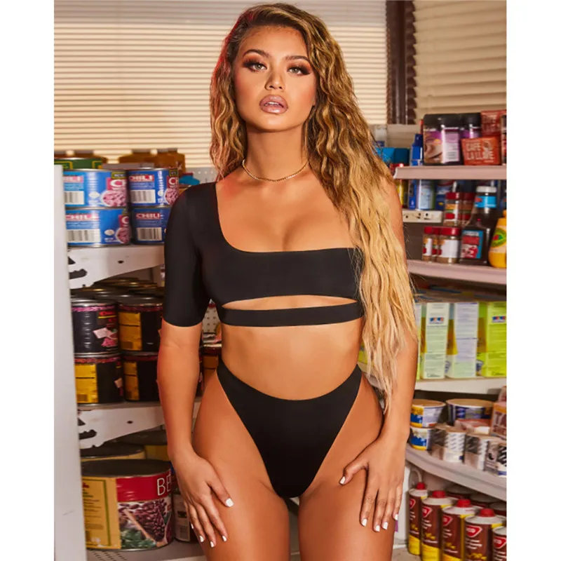

Bikini Female Swimsuit Single Shoulder Hollow Women Swimwear Two-Pieces Bikini Set Solid Bather Bathing Suit Swim
