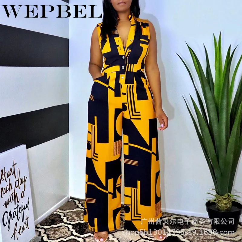 

Women Elegant Patchwork Loose Playsuit Ladies Casual Jumpsuit Sleeveless V Neck Print Romper Wide Leg Pants Overalls