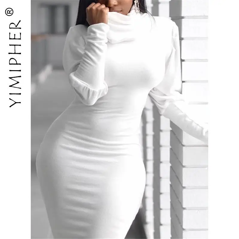 

Autumn Winter Flannel Long Lantern SleeveTurtleck Midi Dress S-3XL Women Elastic Sexy Bodycon Solid Casual y2k Pencil Dresses