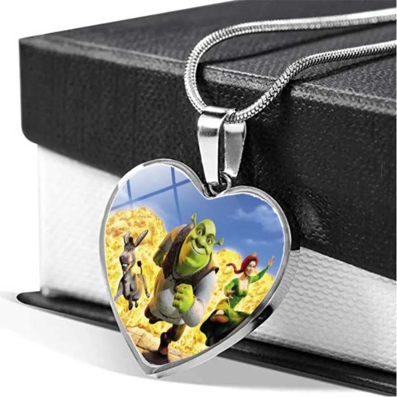 Hot Selling Movie Cartoon Shrek Heart Necklace Glass Dome Cabochon Jewelry Accessories Heart Pendant Crystal Necklace for Women
