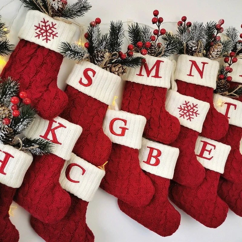 

Christmas Socks Knitted Woolen Snowflake Alphabet Letters Stocking Christmas Tree Pendant Candy Gift Bag for Kids Home Decor