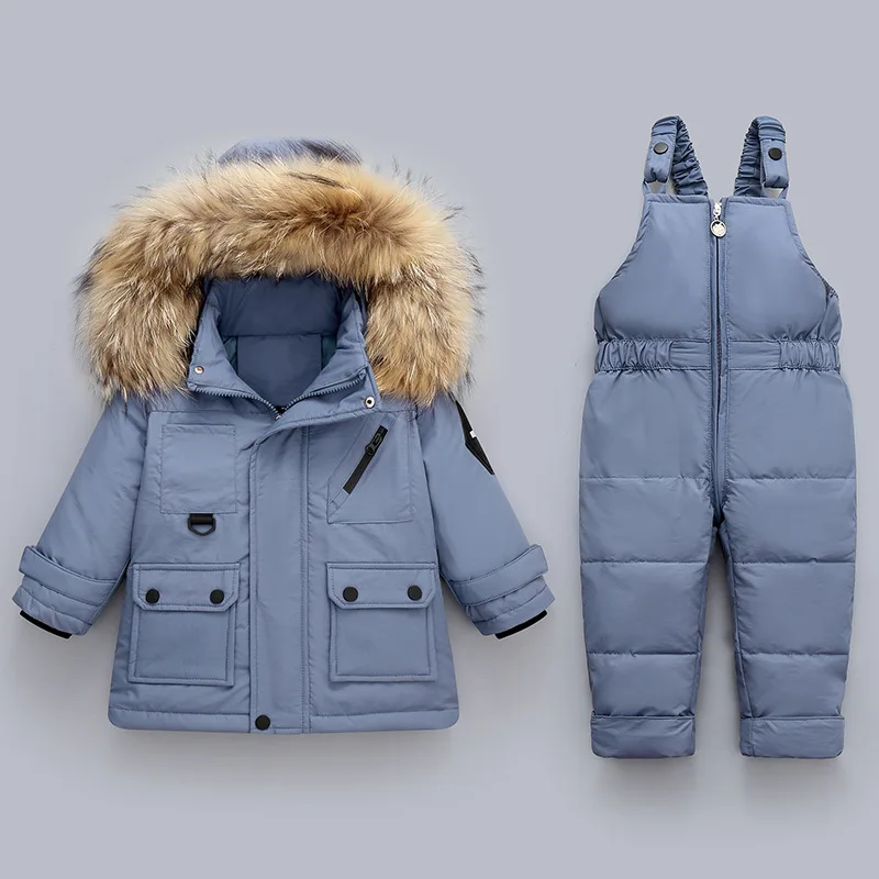New Winter Children Fashion Snowsuit Clothing Sets For Girls Boys 80%White Duck Down Jacket+Overalls Solid Thicken Suit 1-4Yr |