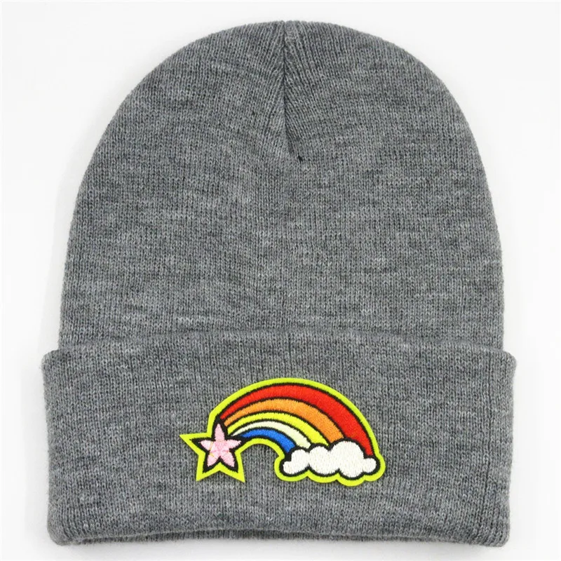 

2020 Rainbow Embroidery Cotton Thicken Knitted Hat Winter Warm Hat Skullies Cap Beanie Hat for Men and Women 149