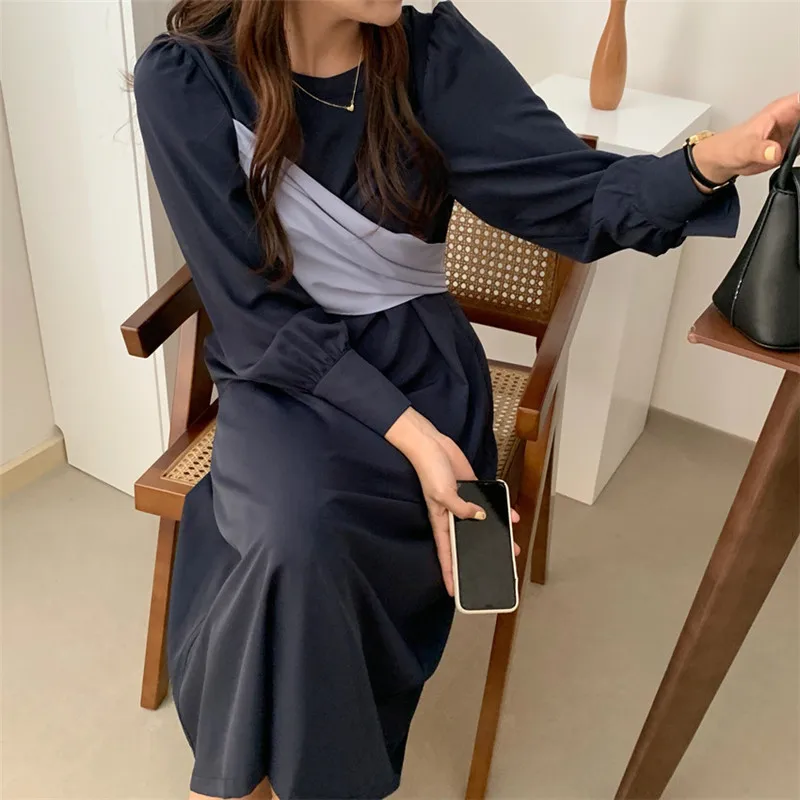 

HziriP 2020 Autumn Long Dress For Women Contrast High Waist O-neck Full Sleeves Elegant Vintage Gentle Female Office Lady Casual