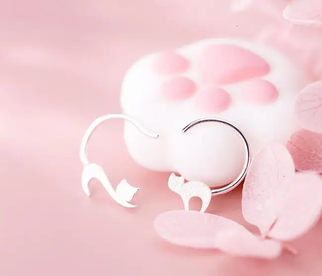 Earrings asymmetry Cute 100% Real. 925 Sterling Silver Fine Jewelry Kitten Cat Animal ear earrings GTLE2847 | Украшения и
