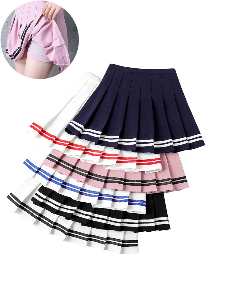 

Summer Korean Fashion Short Women Skirt Casual Slim Elastic High-Waisted Striped Harajuku Pleated Plaid A-Line Mini Skirts