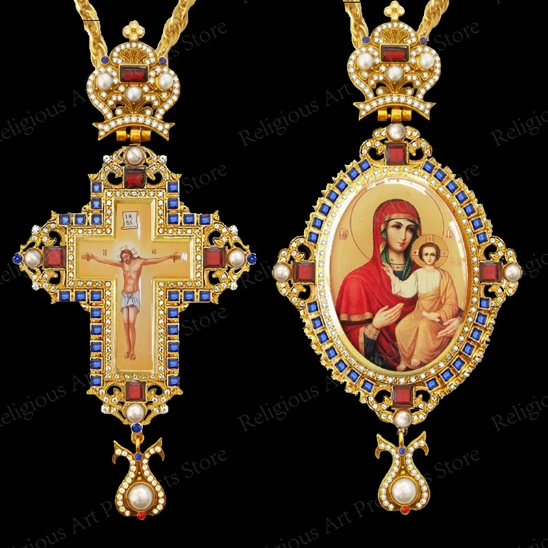 

New Style Christian Gold Plated Jesus Virgin Mary Cross Long Necklace Pectoral Cross Set Religious Jewelry pastor Prayer Items