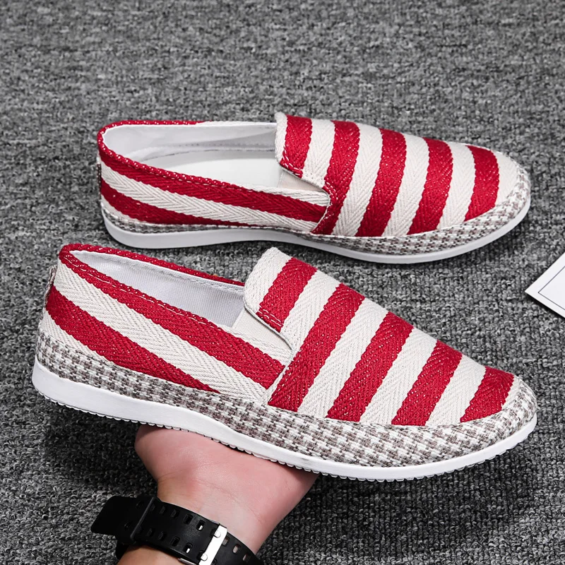 

Hot Sale Red White Stripe Loafers Men Casual Breathable Flats Shoes Men Slip On Footwear Comfortable Linen Shoe mocasines hombre