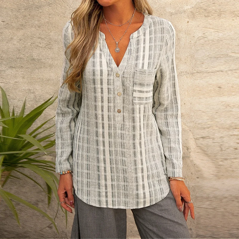 Женская Повседневная рубашка в клетку полоску с V-образным вырезом на пуговицах