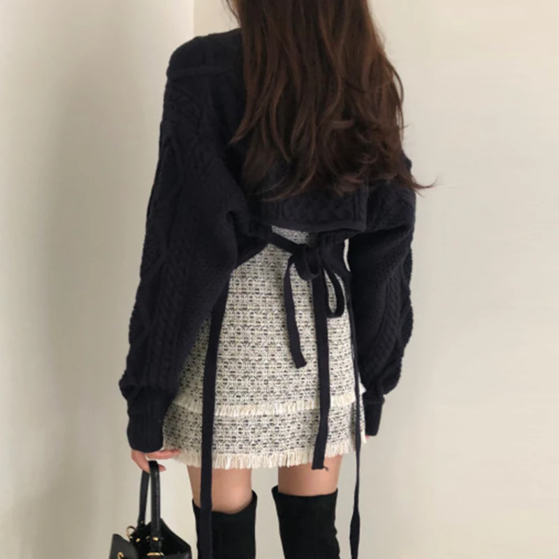 Женская Осенняя короткая KnittedTwist свитер пуловер с низким вырезом на спине
