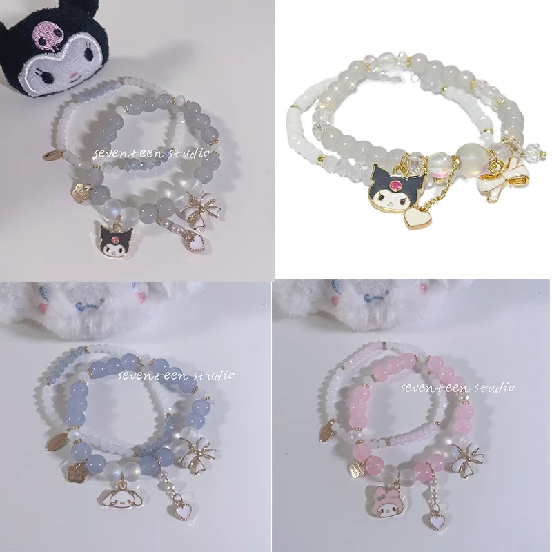 Sanrioed Kawaii Cinnamoroll Kuromi Mymelody Bracelet Cartoon Men and Women Gift Friendship Charms Elastic Rope Jewelry Toys