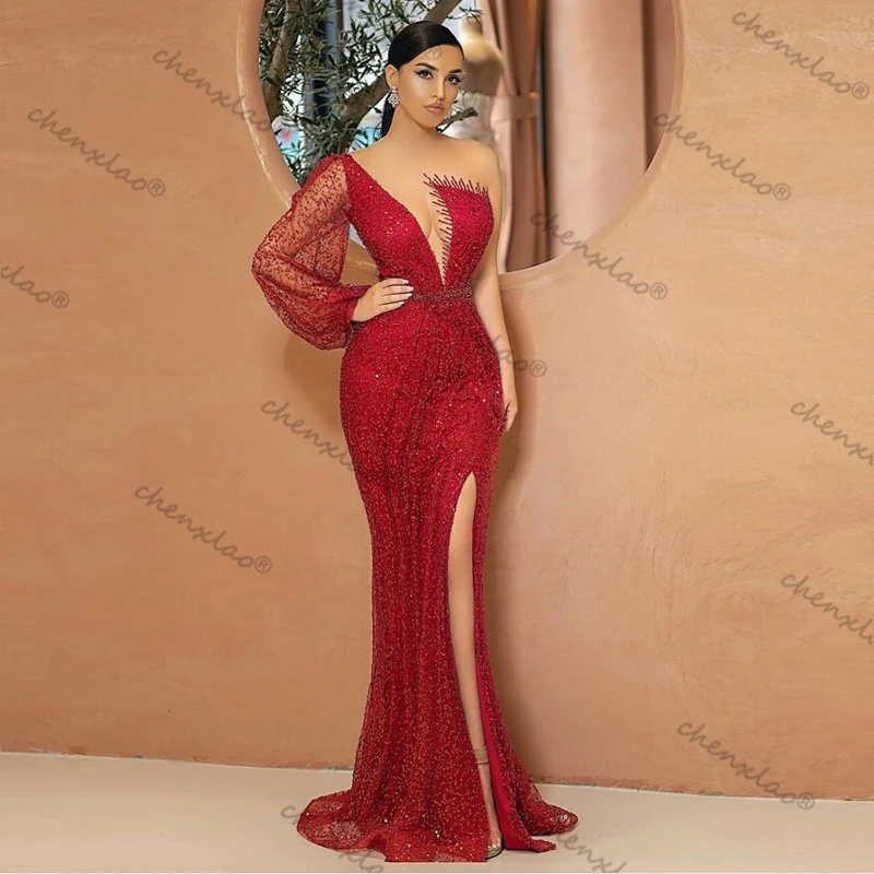 Бордовое сексуальное вечернее платье-Русалка из тюля с высоким разрезом и