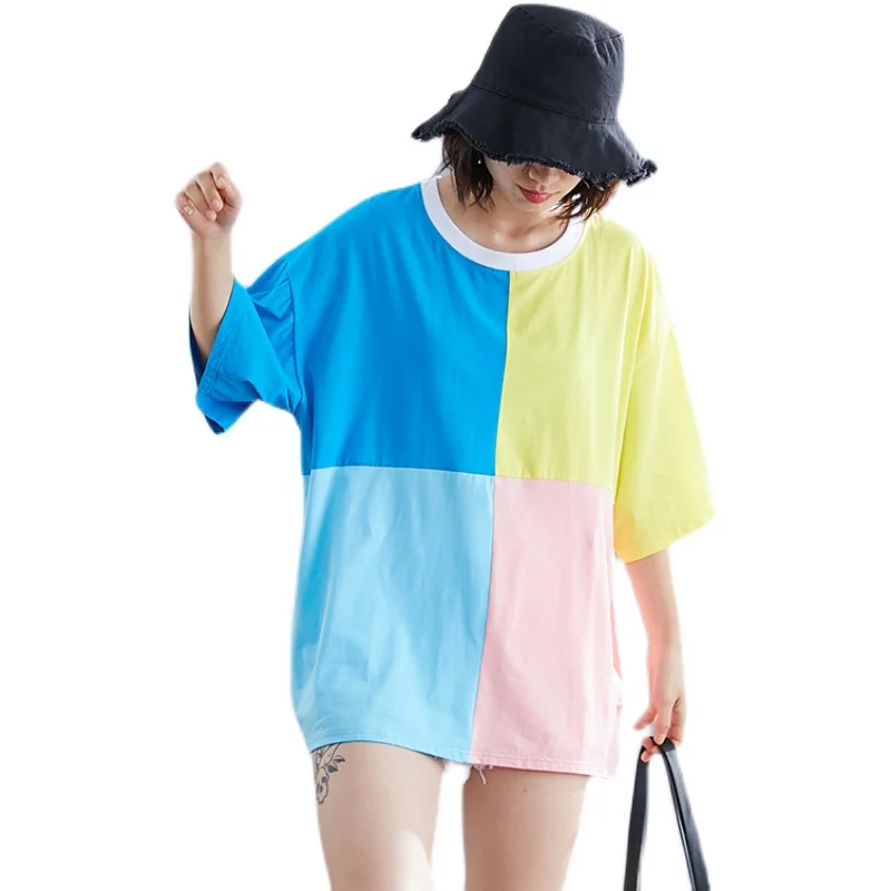 

COIGARSAM Half Sleeve Women T Shirt Summer Loose Patchwork Tee Tops 390