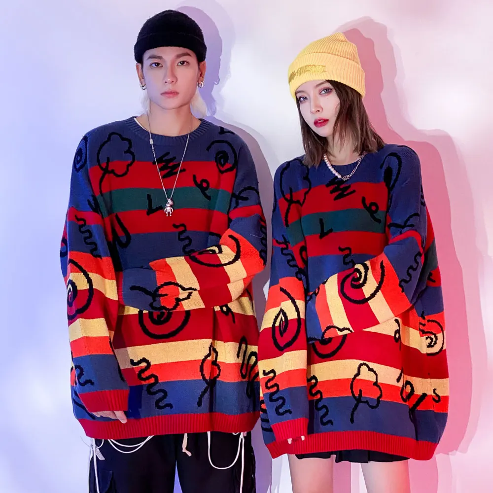 В Стиле Хип-хоп в полоску трикотажные мужские свитера парные 2020 Осень Harajuku пальто