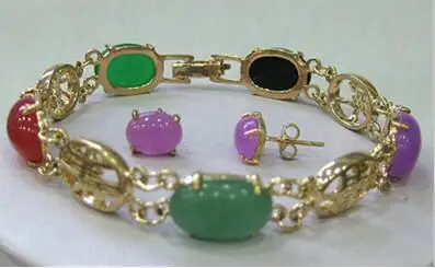 

Women Multicolor Jade Jewelry bangle bracelet earrings set 7.5"
