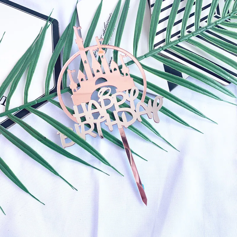 Новый с днем рождения акриловый торт Топпер серебряный розовый замок кекс Для