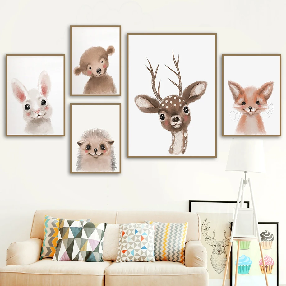Акварельные лисы кролик Ежик Сика олень скандинавские плакаты и принты