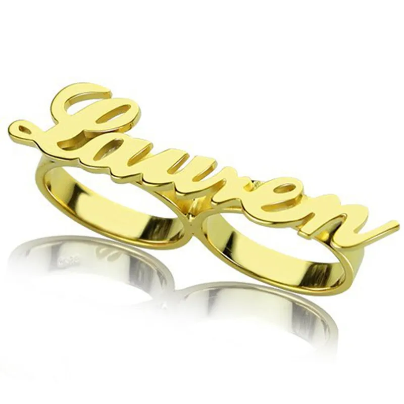 Customized Name Ring Personalized Stainless Steel Custom Nameplate Two Finger Ring Fashion Jewelry For Women/Men