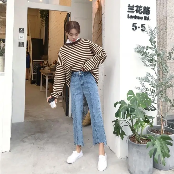 

2021 spring and Autumn New Korean high waist slim Capris student jeans chic straight pants