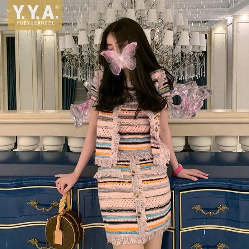 

Office Women Summer Tweed Three Piece Skirt Set Knitting Vest Hit Color Hollow Out Short T-Shirt Striped Skirts Female Sweet Set