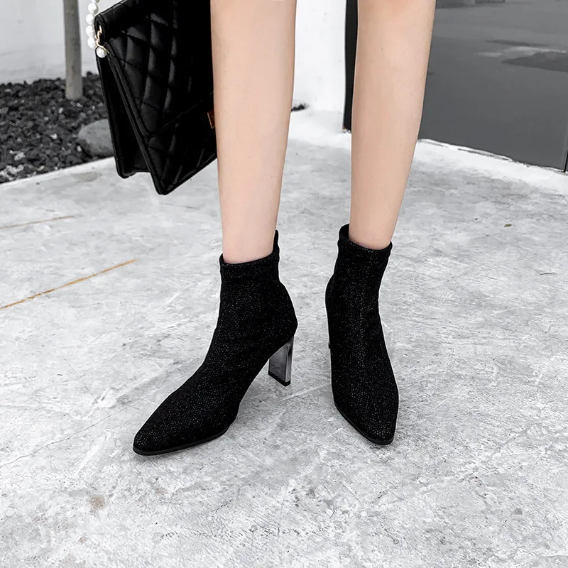 

2019 fashion new women's shoes Korean version of the wild thin boots short square head high heel shiny women's boots