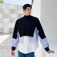 new mens turtlenneck splice stripe shirt pullover sweatshirt male streetwear hip hop korean fashion long sleeve hoodie menswear