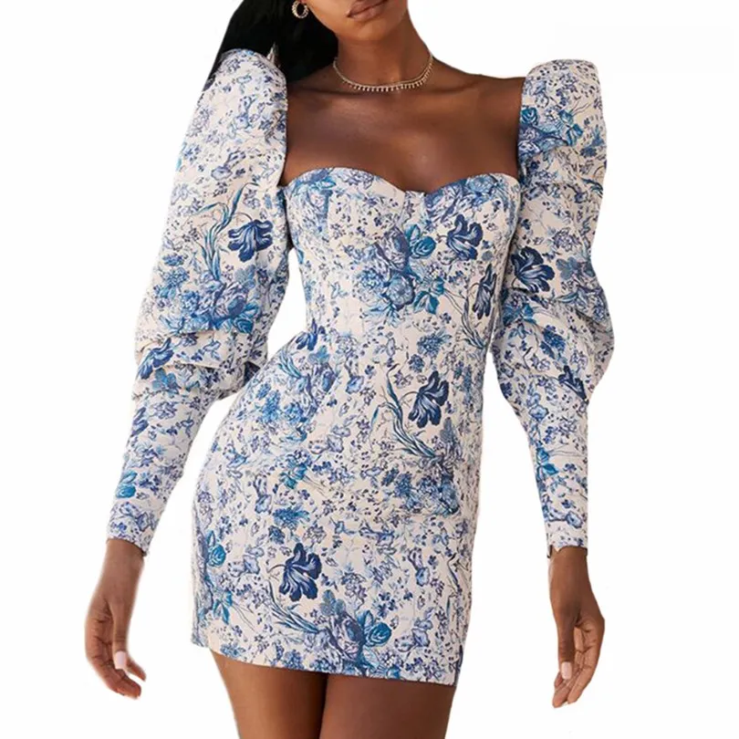 

YGYEEG New Package Hips Print Long Sleeve Dress Women Square Collar Zipper Elastic Ruched Mini Party Dresses Ruffle Vestido
