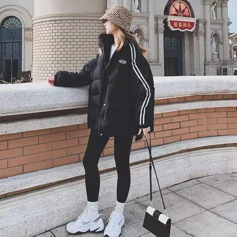New Autumn and Winter Korean Style Loose Hong Kong Style Simple Pure Color Cardigan Stripe Printing Plus Down Jacket