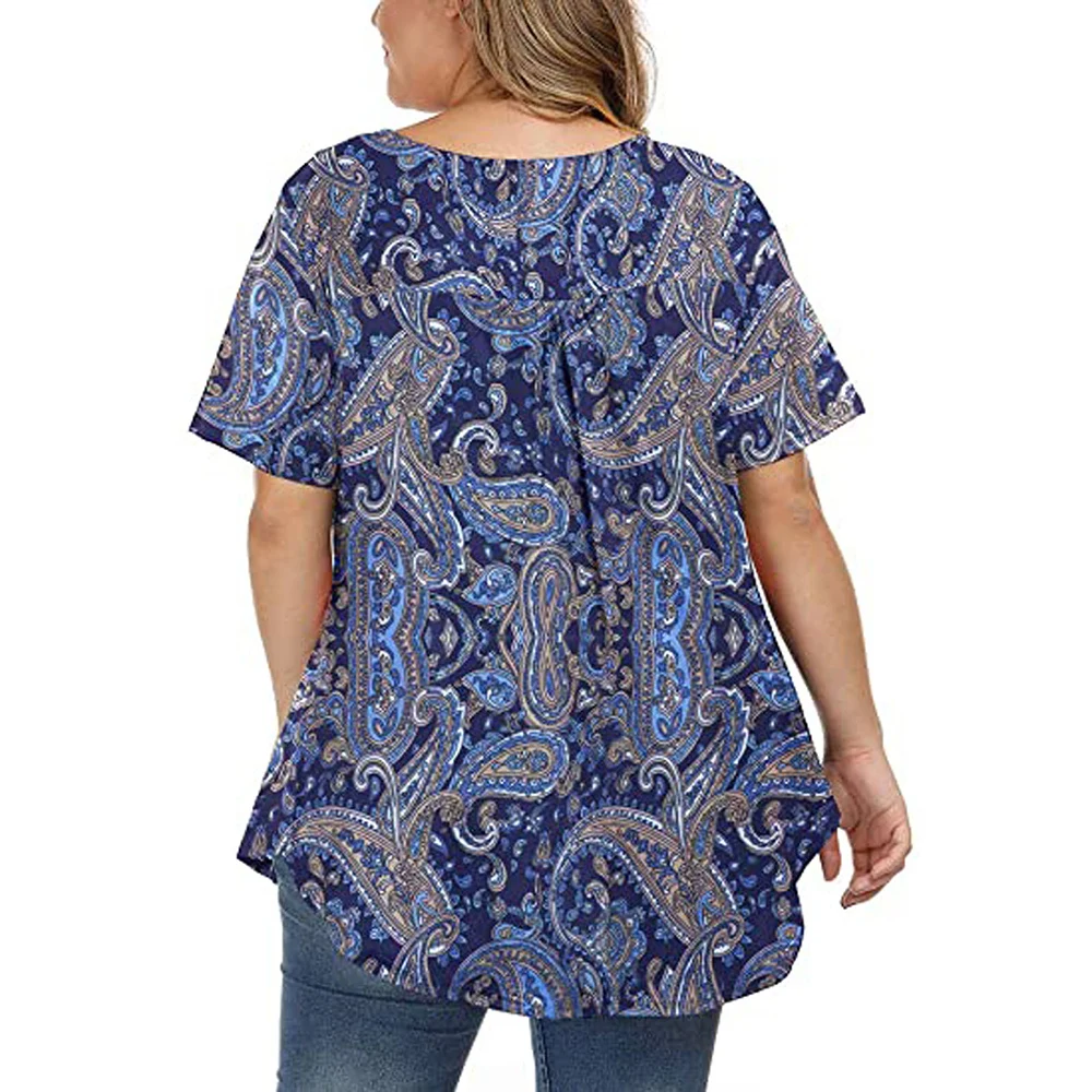 

4XL Plus Size Women Half-open Button Tops V-Neck Short Sleeve Splice Floral Print Blouse Woman Street Vest Shirt Summer Tee D30
