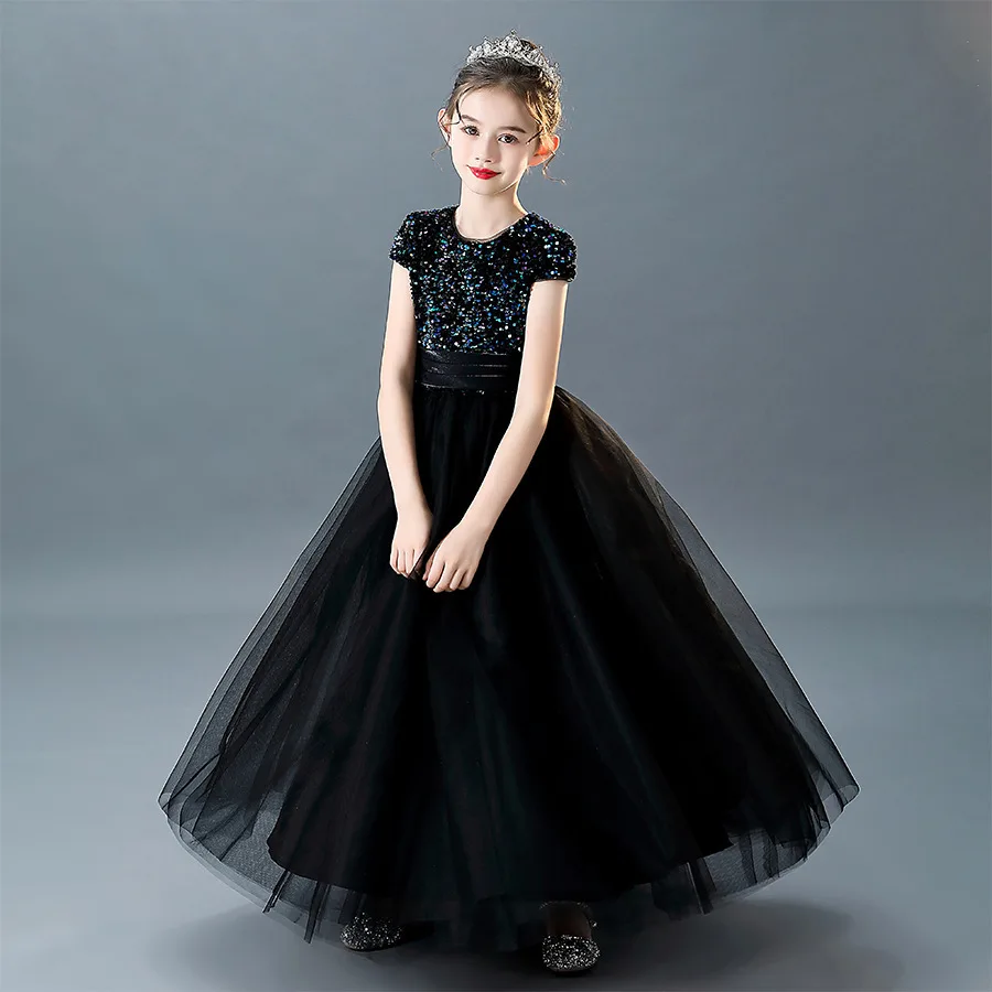 Темно синее платье подружки невесты с цветами для девочек официальное принцессы