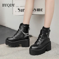 byqdy platform boots for women with chain fashion ladies ankle boots chunky heel lace up black goth shoes autumn plus size