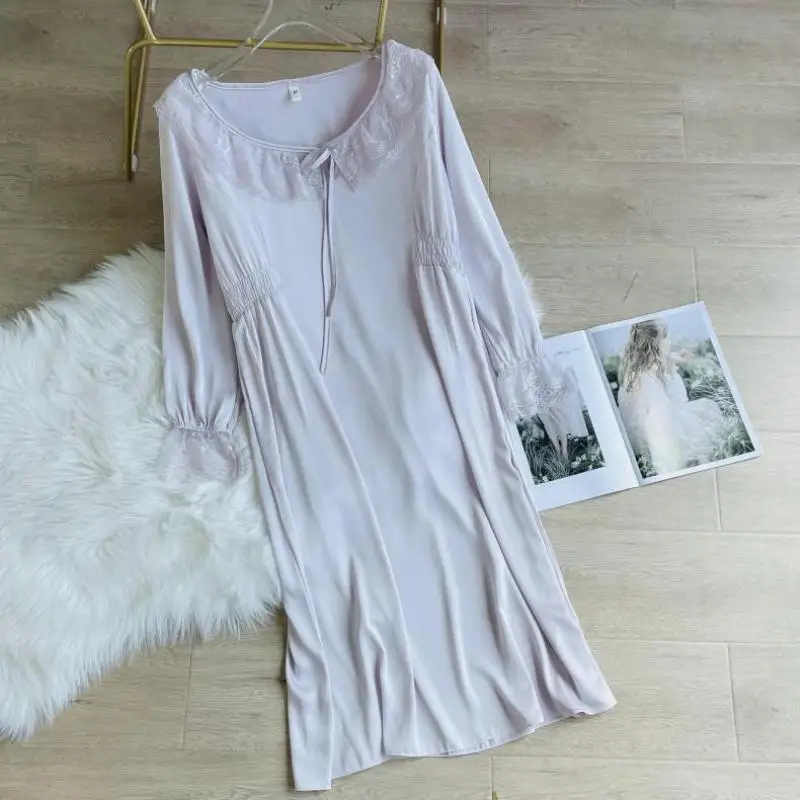 

Satin Round Neck Nightgown Women Sleep Dress Lace Patchwork Sleepwear Long Sleeve Nightdress Full Slip Nightwear Home Dress